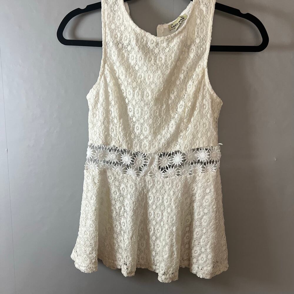 Haute Monde Womens Large Ivory Floral Lace Sleeveless Top Crochet Boho Flowy Hem